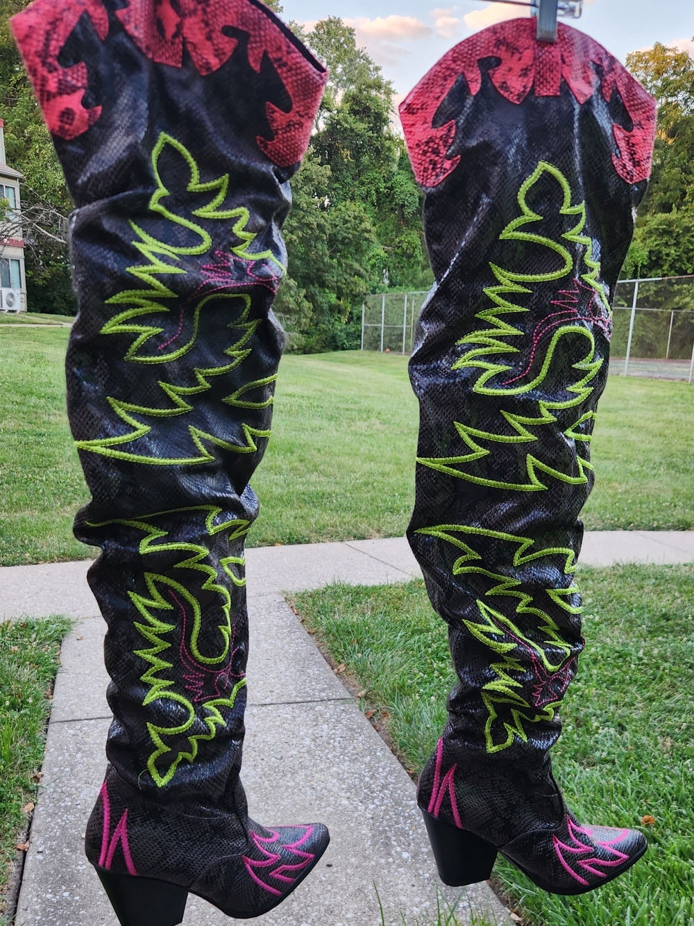 Cape Robbin Black Thigh-High Western Boots with Pink & Neon Green Embroidery